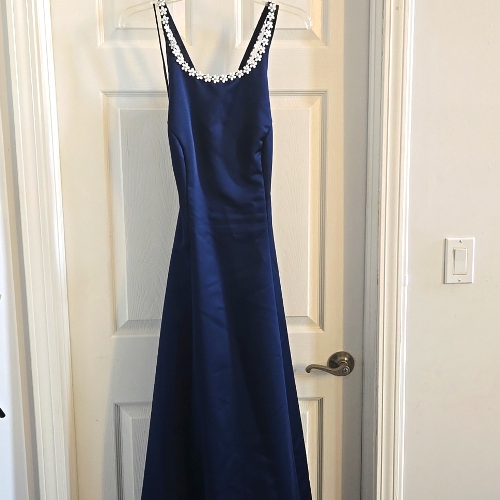 Navy Blue Evening Gown with Flower Gems Size 7/8